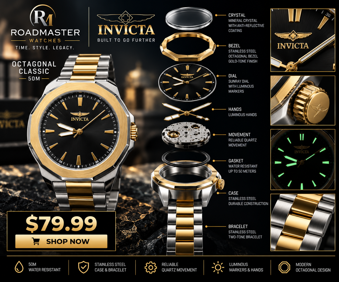 Invicta Octagonal Classic 50M - Two-Tone Gold